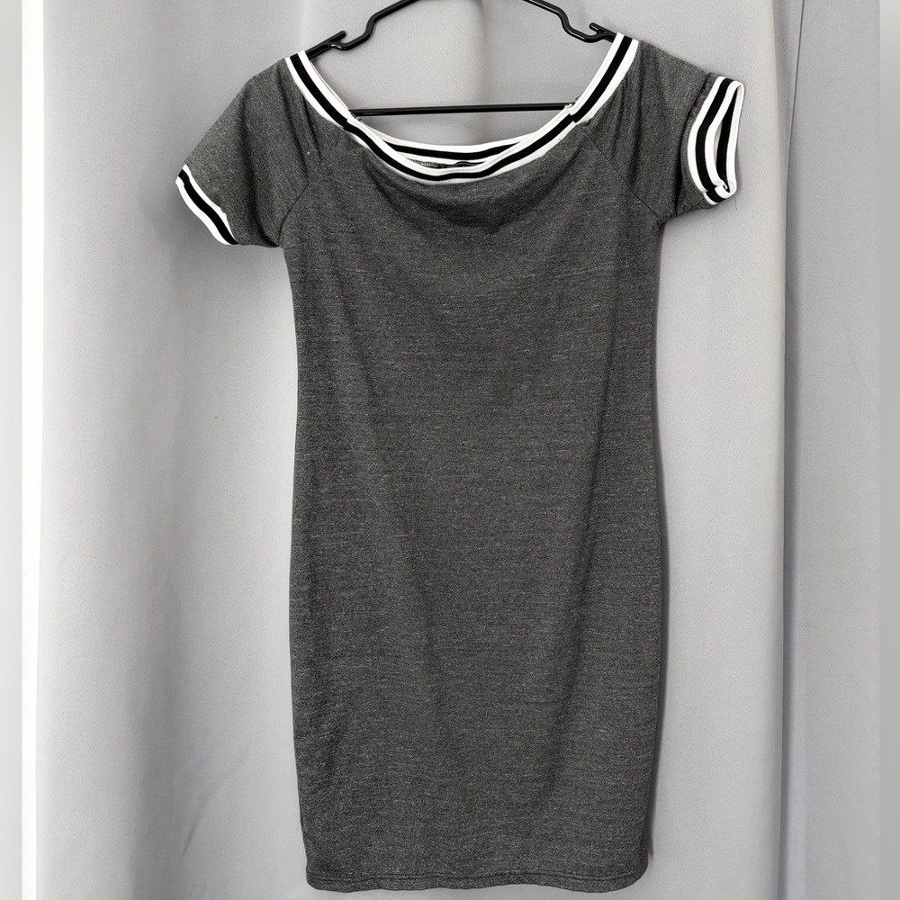 Gray Off-Shoulder Bodycon Dress with Striped Trim